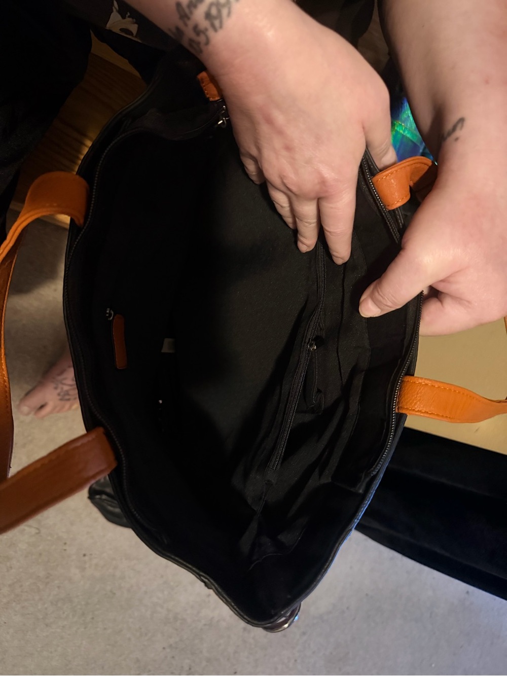 Balibag Black and Orange Leather Studded Tote Bag - Picture 4 of 5